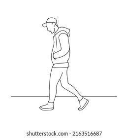 Man walking, continuous line, line art style, minimalist, isolated on white background, graphic resources suitable for illustration, poster, and social media needs.