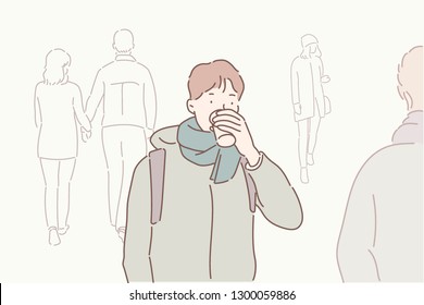 A man is walking with a cup of coffee. hand drawn style vector design illustrations.