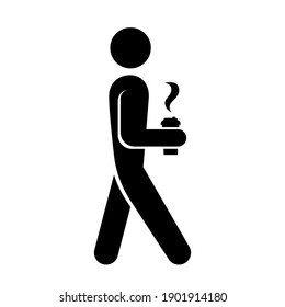 Man walking with cup of coffee. Icon man with coffee. Take away coffee in man hands. Vector. 