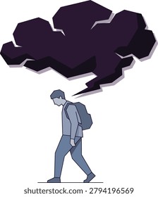 A man walking with a dark cloud