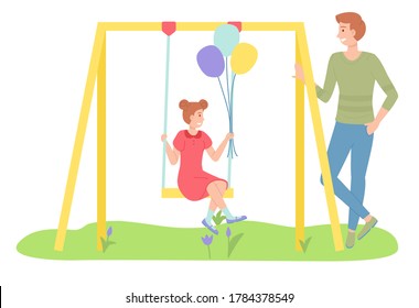 Man walking with daughter, girl swinging on a slide swing at the playing field. Happy cartoon kid holding baloons, playing on the backyard with father. Childrens summer playground, outdoor activities
