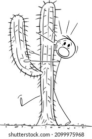 Man walking in desert hit the big cactus , vector cartoon stick figure or character illustration.