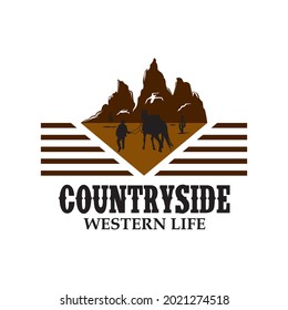 Man walking in the desert with horse into rock hill retro vintage logo design