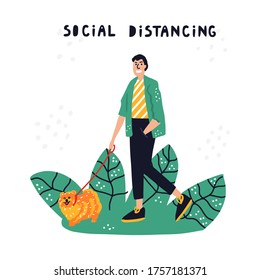 Man walking a dog alone keeping social distance. Spitz dog. Cute hand drawn vector illustration. Personal dog walker concept