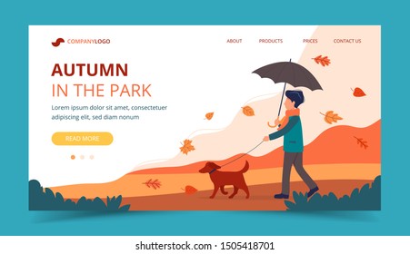 Man walking the dog in autumn. Landing page template. Cute vector illustration in flat style.