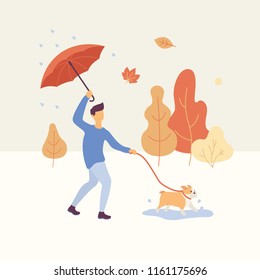 Man walking the dog in the autumn park in rainy weather holding an umbrella, orange and yellow trees are on the background. Autumn concept Vector flat illustration. 