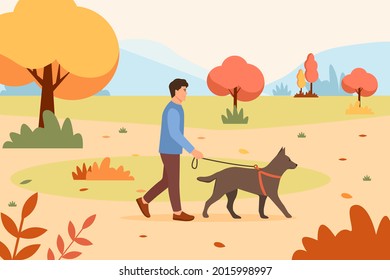 Man walking dog in autumn park. Pet care. Autumn nature.Vector illustration in flat style.