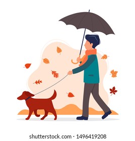 Man walking a dog in autumn with umbrella. Vector illustration in flat style