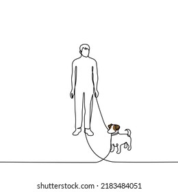 man walking dog breed jacks russell terrier - one line drawing vector. concept dog walker walking pet, dog sitter on dog walk