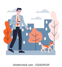 Man walking a dog. Businessman outdoor. Idea of active lifestyle. Isolated vector illustration in cartoon style