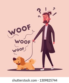 Man is walking with a dog. Cartoon vector illustration. Dog walker. Character design. Best friends. Funny person and cute dog