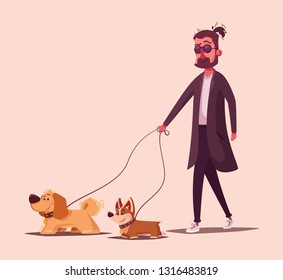 Man is walking with a dog. Cartoon vector illustration. Dog walker. Character design. Best friends. Funny person and cute dog