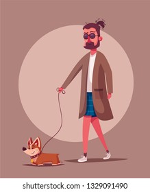 Man is walking with a dog. Cartoon vector illustration. Dog walker. Character design. Best friends. Funny person and cute dog