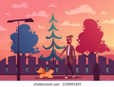 Man is walking with a dog. Cartoon vector illustration. Dog walker. Character design. Best friends. Funny person and cute dog