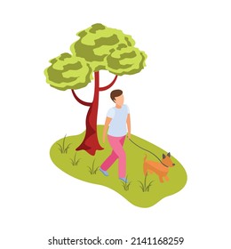 Man walking dog in city park with green tree and grass isometric vector illustration