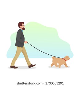 Man walking a dog. Dog walking concept. Blind man guided by puppy. Pet icon sign or symbol. Dog on leash. Guy with companion friend - Flat vector character illustration.