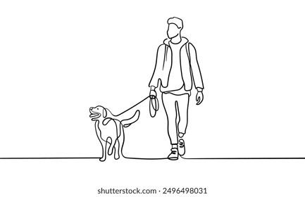 Hombre que camina con el dibujo continuo del arte de la línea del perro aislado en el fondo blanco. Dibujo de arte de línea de amigo. Ilustración vectorial