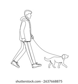 Man walking with a dog in continuous one line art style. Simple vector illustration
