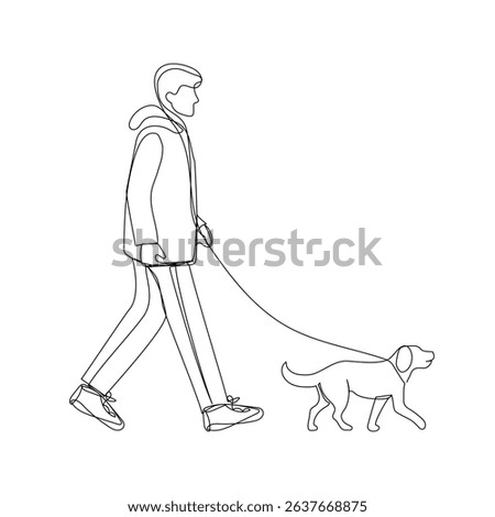 Man walking with a dog in continuous one line art style. Simple vector illustration