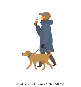 man walking with dog drinking coffee on the way scene
