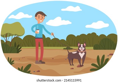 Man walking dog, drinking coffee in good mood. Outdoors activity, recreation, morning walk concept. Person standing with coffee to go and dog on leash. Guy spending time with his pet in park