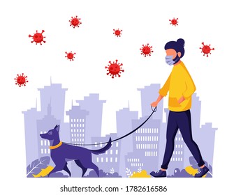 Man walking with dog during pandemic. Man in face mask. Pandemic, quarantine rules. Outdoor activities. Vector illustration in flat style.