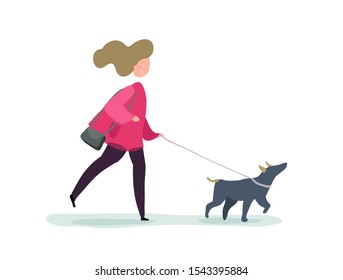 Man walking with a dog. Flat funny illustration - woman with running puppies. Vector isolated on white background.