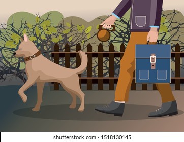 Man walking dog in the garden. Vector flat illustration.