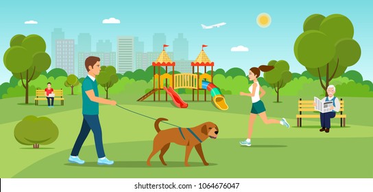 Man is walking with a dog. Grandfather sitting on the bench and reading newspaper Young woman running  in the park. Vector flat style illustration