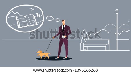 man walking with dog guy listening audio book through headphones urban park landscape background male character with pet having fun full length sketch doodle horizontal