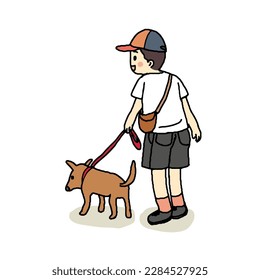 Man walking a dog, hand drawing style vector illustration