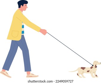 Man walking with dog. Happy pet owner outdoor