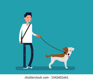 Man is walking with a dog. Human pet concept, Happy cartoon vector flat design