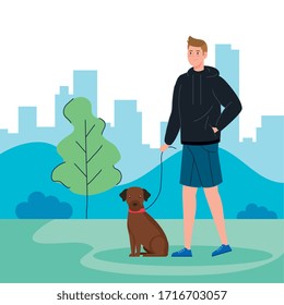 man walking with dog in landscape vector illustration design