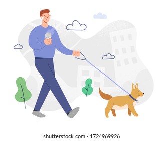 Man walking a dog, listening to music in headphones, drinking coffee in good mood, outdoors activity, male cartoon character, smiling guy with pet, flat vector illustration, modern city scene