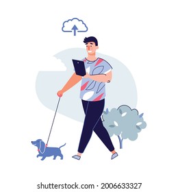 Man walking dog and looking at device with online cloud storage icon. Cartoon pet owner using smartphone or tablet outdoors during walk, isolated vector illustration.