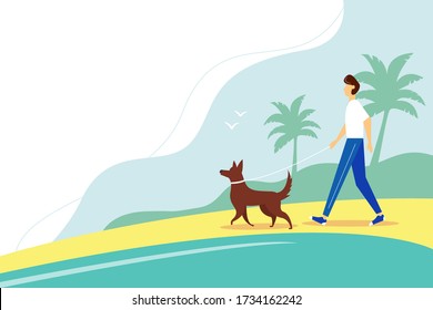 Man walking with the dog on the beach. The concept of an active lifestyle, outdoor recreation. Cute summer illustration in flat style. 