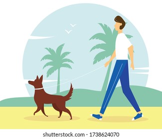 Man walking with the dog on the beach. Cute summer illustration in flat style. 