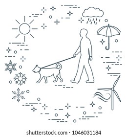 Man walking a dog on a leash in any weather. Sun, cloud, rain, umbrella, snowflakes, wind,  wind generator.