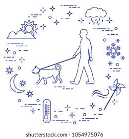 Man walking a dog on a leash in any weather. Sun, cloud, rain, wind, pinwheel, snowflake, thermometer, month, stars.