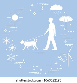 Man walking a dog on a leash in any weather. Sun, cloud, rain, umbrella, snowflakes, wind,  wind generator.
