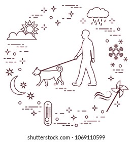 Man walking a dog on a leash in any weather. Sun, cloud, rain, wind, pinwheel, snowflake, thermometer, month, stars.