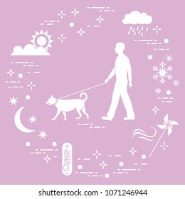 Man walking a dog on a leash in any weather. Sun, cloud, rain, wind, pinwheel, snowflake, thermometer, month, stars.