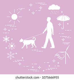 Man walking a dog on a leash in any weather. Sun, cloud, rain, umbrella, snowflakes, wind,  wind generator.