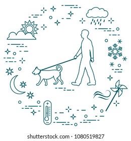 Man walking a dog on a leash in any weather. Sun, cloud, rain, wind, pinwheel, snowflake, thermometer, month, stars.