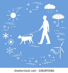 Man walking a dog on a leash in any weather. Sun, cloud, rain, umbrella, snowflakes, wind,  wind generator.