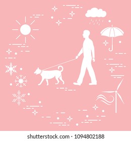 Man walking a dog on a leash in any weather. Sun, cloud, rain, umbrella, snowflakes, wind,  wind generator.