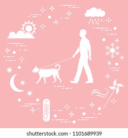 Man walking a dog on a leash in any weather. Sun, cloud, rain, wind, pinwheel, snowflake, thermometer, month, stars.
