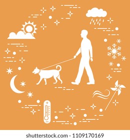 Man walking a dog on a leash in any weather. Sun, cloud, rain, wind, pinwheel, snowflake, thermometer, month, stars.
