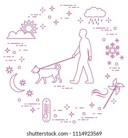 Man walking a dog on a leash in any weather. Sun, cloud, rain, wind, pinwheel, snowflake, thermometer, month, stars.